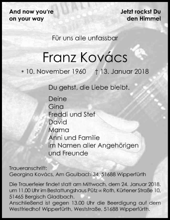 Anzeige von Franz Kovacs von Kölner Stadt-Anzeiger / Kölnische Rundschau / Express