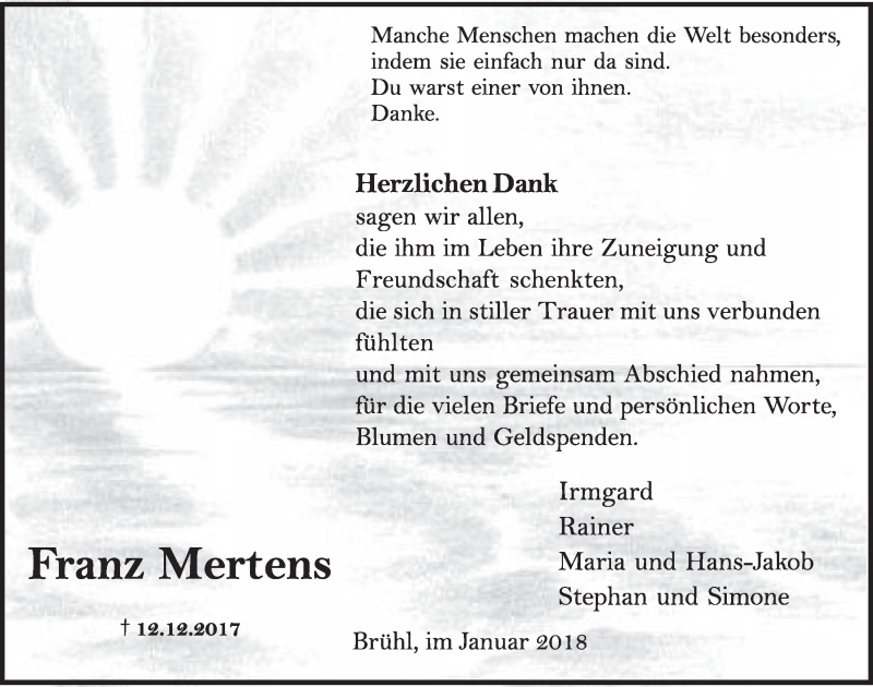  Traueranzeige für Franz Mertens vom 10.01.2018 aus  Schlossbote/Werbekurier 