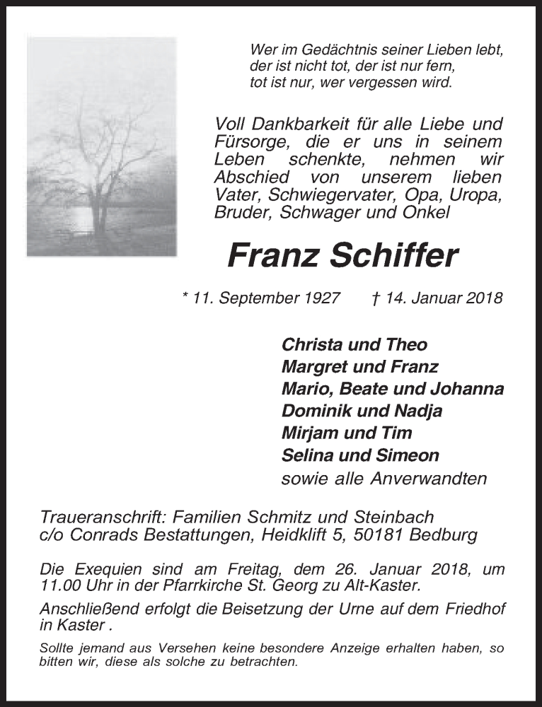  Traueranzeige für Franz Schiffer vom 24.01.2018 aus  Werbepost 