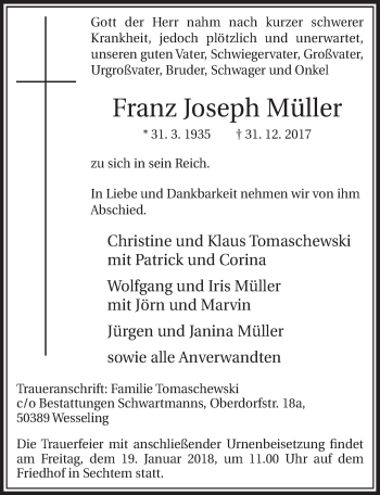 Anzeige von Franz Joseph Müller von  Schlossbote/Werbekurier 