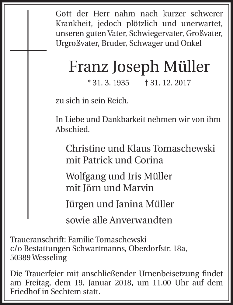  Traueranzeige für Franz Joseph Müller vom 17.01.2018 aus  Schlossbote/Werbekurier 