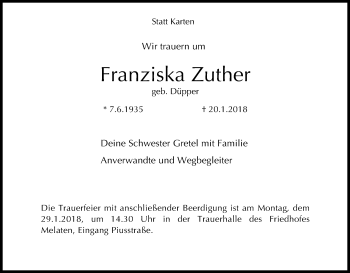 Anzeige von Franziska Zuther von Kölner Stadt-Anzeiger / Kölnische Rundschau / Express