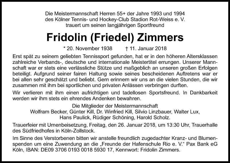  Traueranzeige für Fridolin Zimmers vom 24.01.2018 aus Kölner Stadt-Anzeiger / Kölnische Rundschau / Express