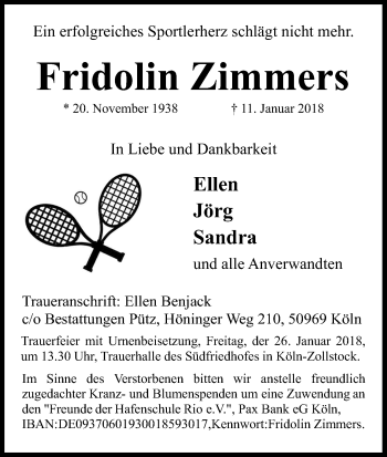 Anzeige von Fridolin Zimmers von Kölner Stadt-Anzeiger / Kölnische Rundschau / Express