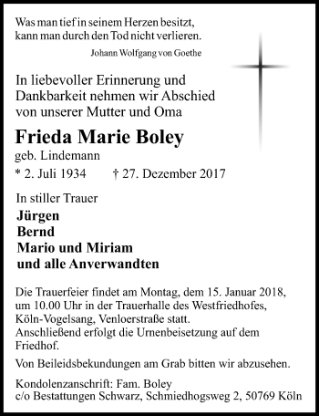 Anzeige von Frieda Marie Boley von  Kölner Wochenspiegel 