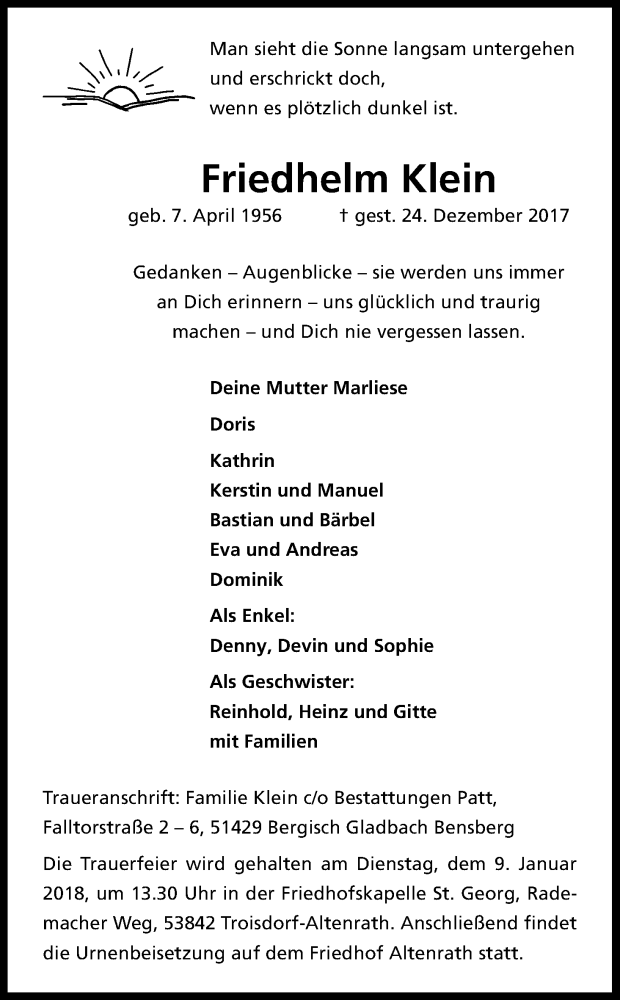  Traueranzeige für Friedhelm Klein vom 03.01.2018 aus Kölner Stadt-Anzeiger / Kölnische Rundschau / Express