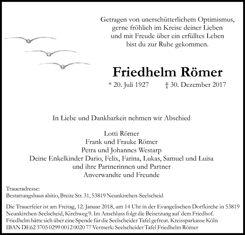  Traueranzeige für Friedhelm Römer vom 06.01.2018 aus Kölner Stadt-Anzeiger / Kölnische Rundschau / Express
