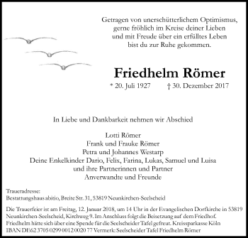 Anzeige von Friedhelm Römer von Kölner Stadt-Anzeiger / Kölnische Rundschau / Express
