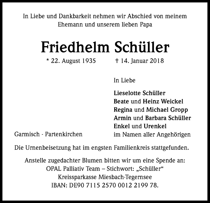  Traueranzeige für Friedhelm Schüller vom 20.01.2018 aus Kölner Stadt-Anzeiger / Kölnische Rundschau / Express