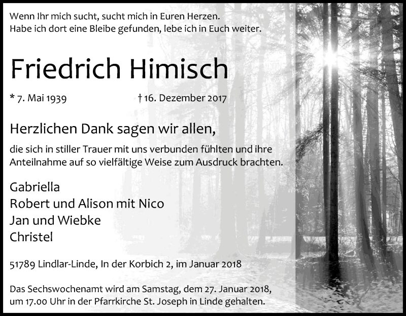  Traueranzeige für Friedrich Himisch vom 20.01.2018 aus Kölner Stadt-Anzeiger / Kölnische Rundschau / Express