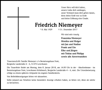 Anzeige von Friedrich Niemeyer von Kölner Stadt-Anzeiger / Kölnische Rundschau / Express