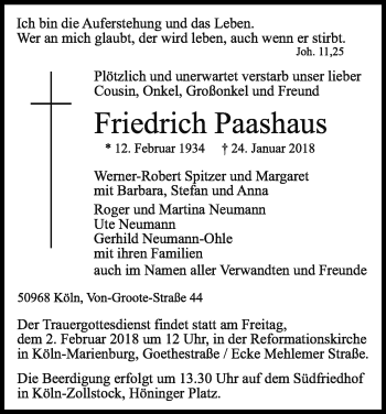 Anzeige von Friedrich Paashaus von Kölner Stadt-Anzeiger / Kölnische Rundschau / Express