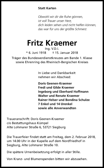 Anzeige von Fritz Kraemer von Kölner Stadt-Anzeiger / Kölnische Rundschau / Express