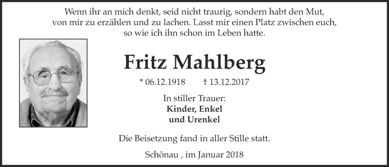  Traueranzeige für Fritz Mahlberg vom 20.01.2018 aus  Blickpunkt Euskirchen 