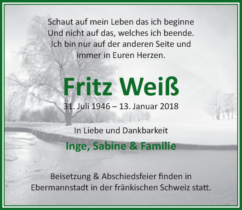  Traueranzeige für Fritz Weiß vom 17.01.2018 aus  Extra Blatt 