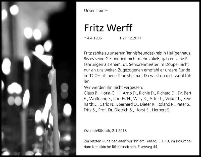  Traueranzeige für Fritz Werff vom 04.01.2018 aus Kölner Stadt-Anzeiger / Kölnische Rundschau / Express