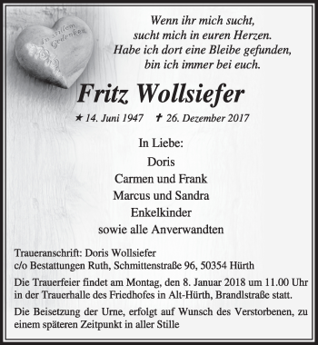 Anzeige von Fritz Wollsiefer von  Wochenende 
