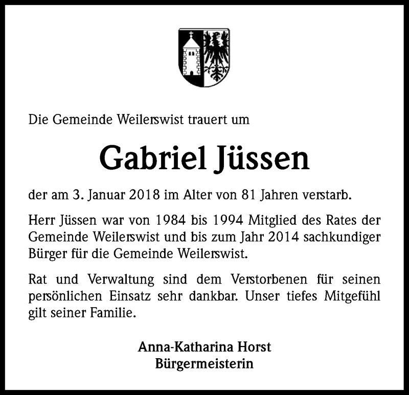  Traueranzeige für Gabriel Juessen vom 12.01.2018 aus Kölner Stadt-Anzeiger / Kölnische Rundschau / Express