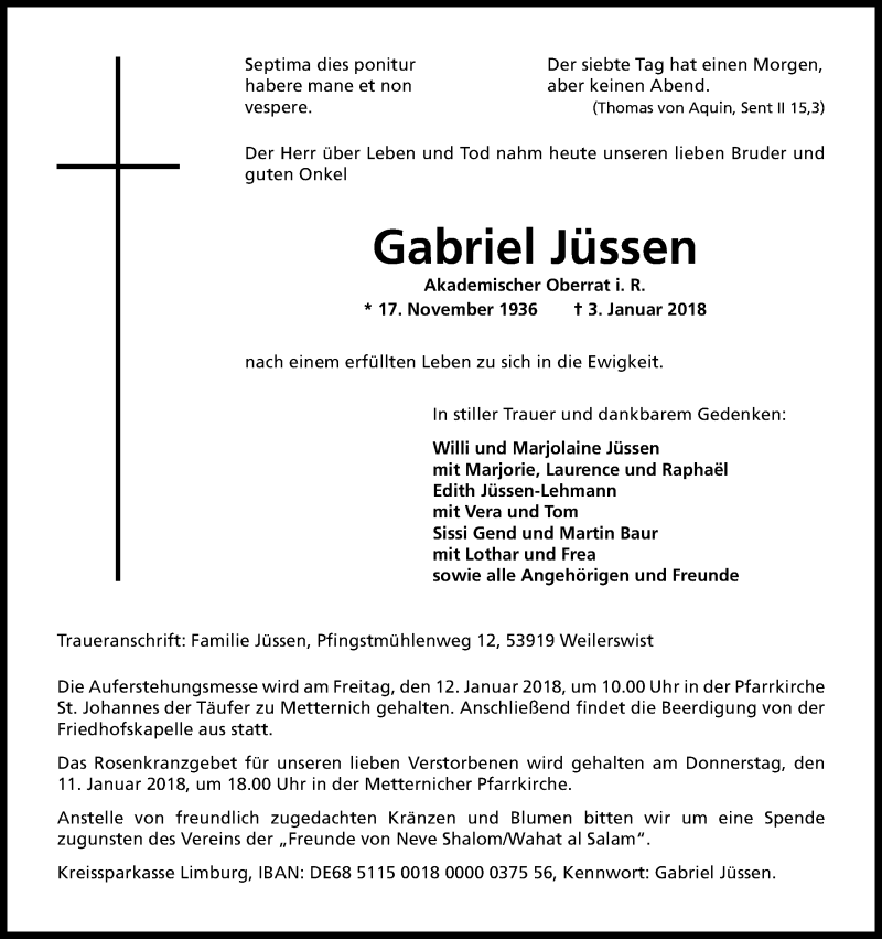  Traueranzeige für Gabriel Jüssen vom 10.01.2018 aus Kölner Stadt-Anzeiger / Kölnische Rundschau / Express
