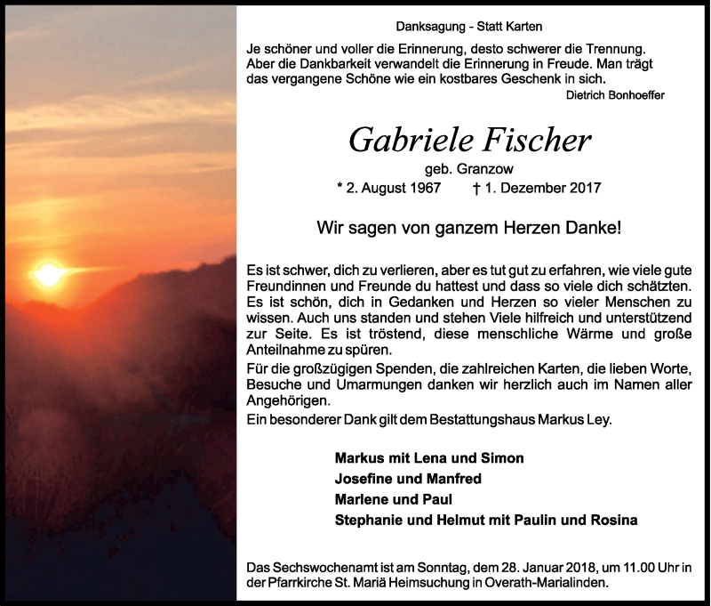  Traueranzeige für Gabriele Fischer vom 20.01.2018 aus Kölner Stadt-Anzeiger / Kölnische Rundschau / Express