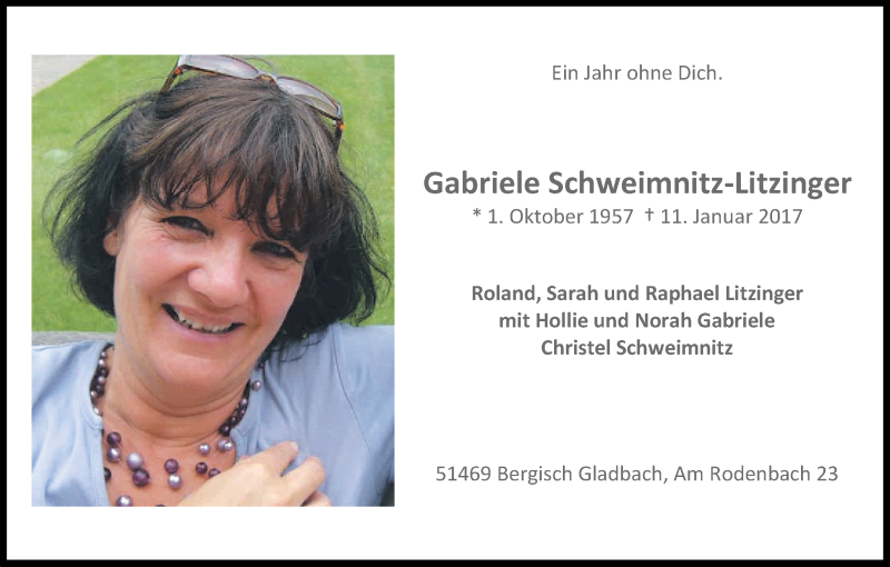  Traueranzeige für Gabriele Schweimnitz-Litzinger vom 10.01.2018 aus Kölner Stadt-Anzeiger / Kölnische Rundschau / Express