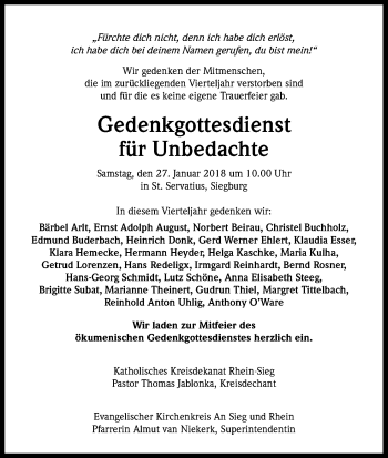 Anzeige von Gedenkgottesdienst für Unbedachte von Kölner Stadt-Anzeiger / Kölnische Rundschau / Express