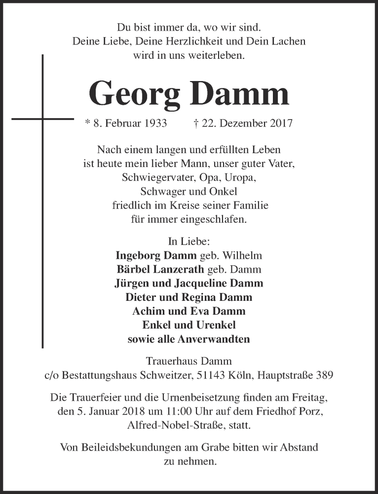  Traueranzeige für Georg Damm vom 03.01.2018 aus  Kölner Wochenspiegel 