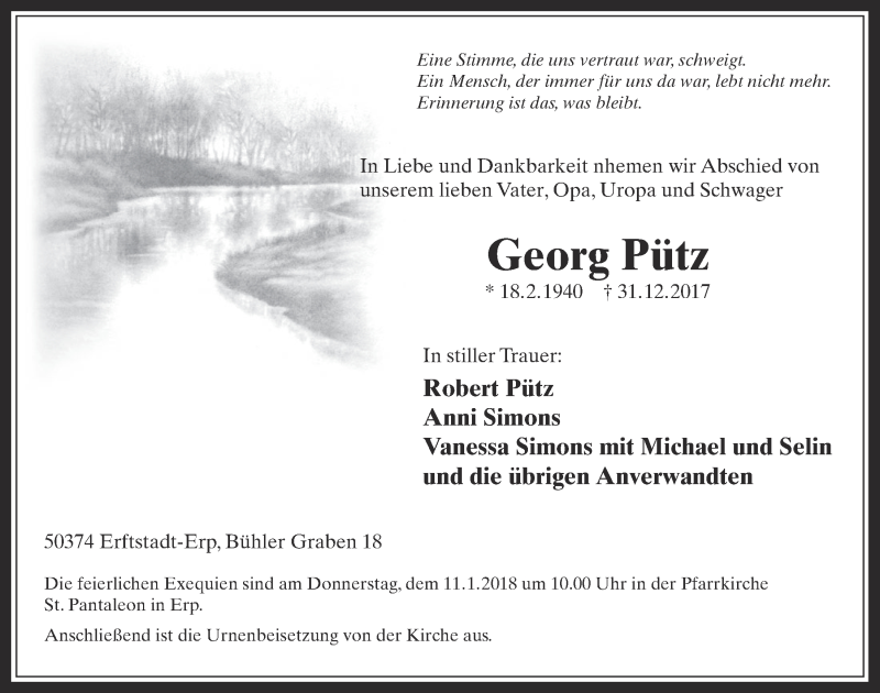  Traueranzeige für Georg Pütz vom 10.01.2018 aus  Werbepost 
