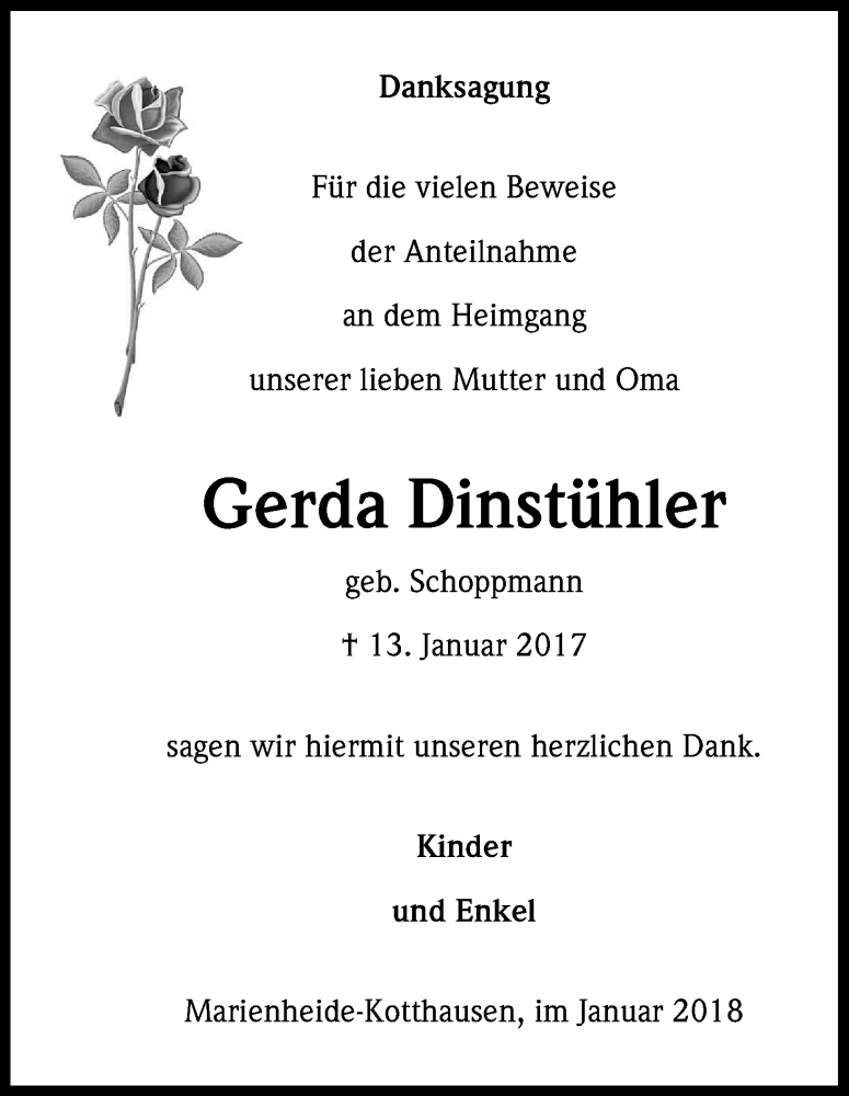  Traueranzeige für Gerda Dinstühler vom 20.01.2018 aus Kölner Stadt-Anzeiger / Kölnische Rundschau / Express