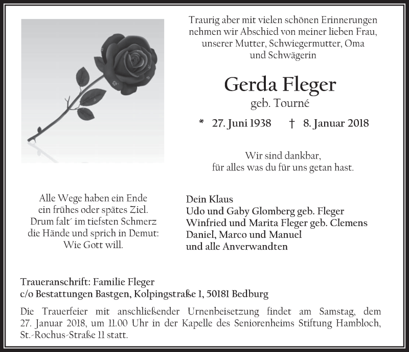  Traueranzeige für Gerda Fleger vom 24.01.2018 aus  Werbepost 