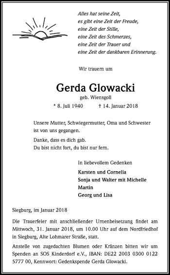 Anzeige von Gerda Glowacki von Kölner Stadt-Anzeiger / Kölnische Rundschau / Express