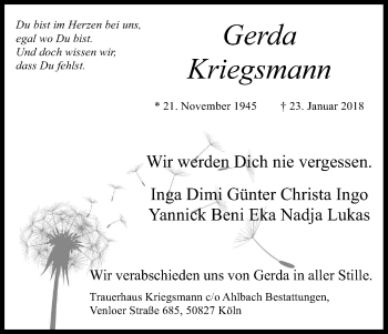 Anzeige von Gerda Kriegsmann von Kölner Stadt-Anzeiger / Kölnische Rundschau / Express