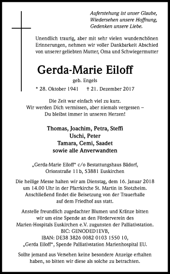 Anzeige von Gerda-Marie Eiloff von Kölner Stadt-Anzeiger / Kölnische Rundschau / Express