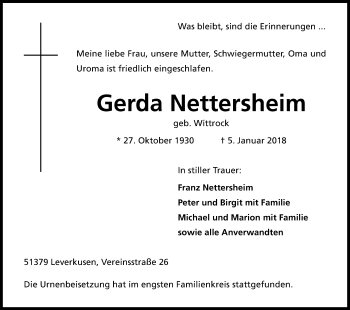 Anzeige von Gerda Nettersheim von Kölner Stadt-Anzeiger / Kölnische Rundschau / Express