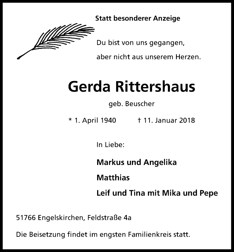  Traueranzeige für Gerda Rittershaus vom 15.01.2018 aus Kölner Stadt-Anzeiger / Kölnische Rundschau / Express