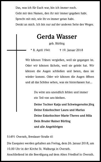 Anzeige von Gerda Wasser von Kölner Stadt-Anzeiger / Kölnische Rundschau / Express