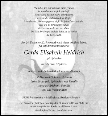 Anzeige von Gerda Elisabeth Heidrich von  Anzeigen Echo 