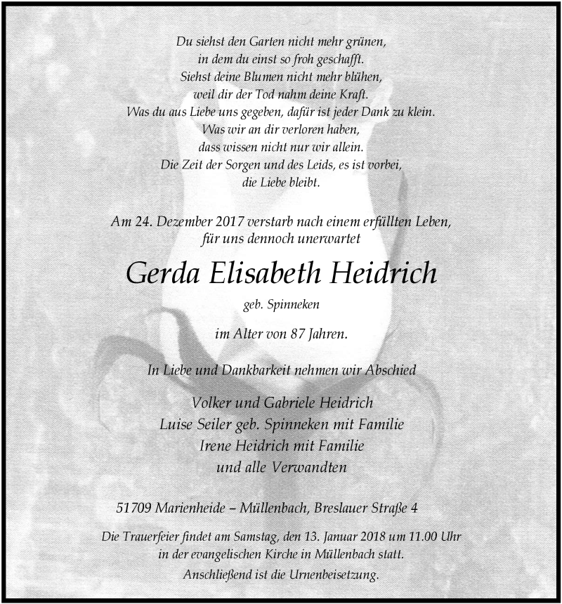  Traueranzeige für Gerda Elisabeth Heidrich vom 10.01.2018 aus  Anzeigen Echo 