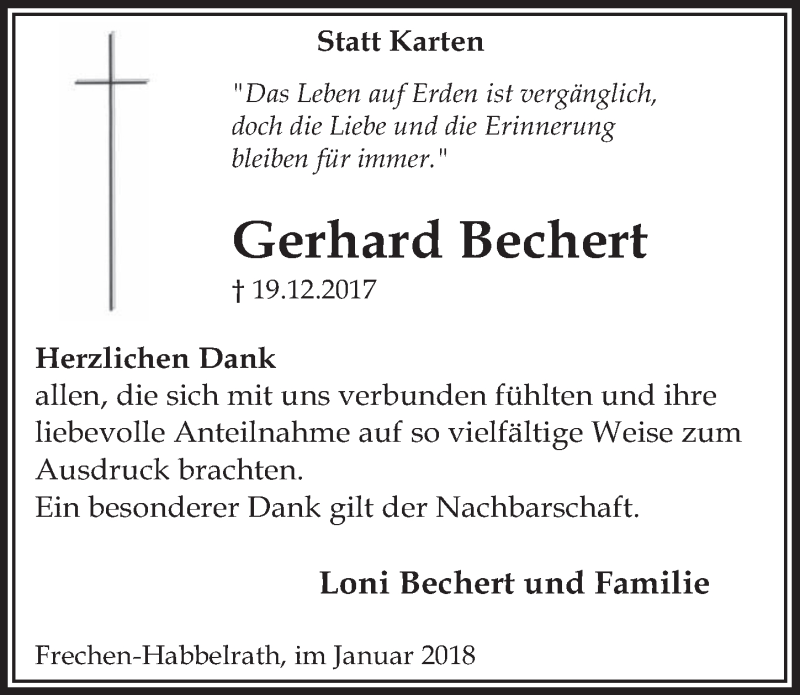 Traueranzeige für Gerhard Bechert vom 27.01.2018 aus  Sonntags-Post 