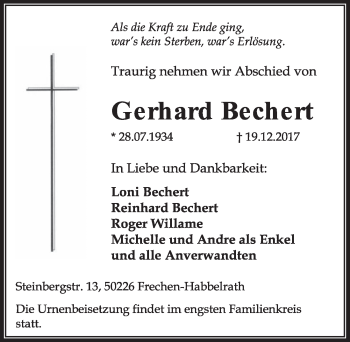Anzeige von Gerhard Bechert von  Sonntags-Post 