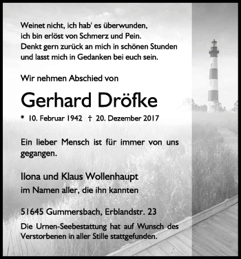 Anzeige von Gerhard Dröfke von Kölner Stadt-Anzeiger / Kölnische Rundschau / Express