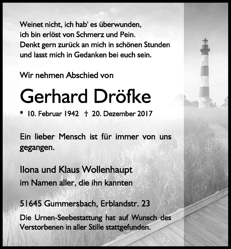  Traueranzeige für Gerhard Dröfke vom 13.01.2018 aus Kölner Stadt-Anzeiger / Kölnische Rundschau / Express