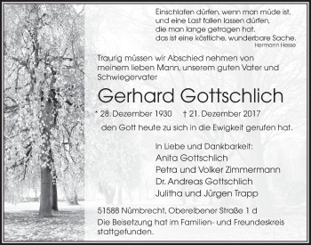 Anzeige von Gerhard Gottschlich von  Lokalanzeiger 
