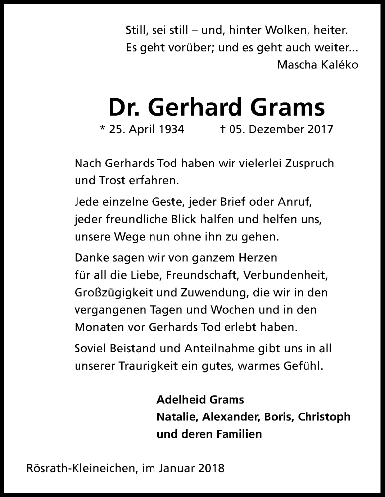  Traueranzeige für Gerhard Grams vom 27.01.2018 aus Kölner Stadt-Anzeiger / Kölnische Rundschau / Express