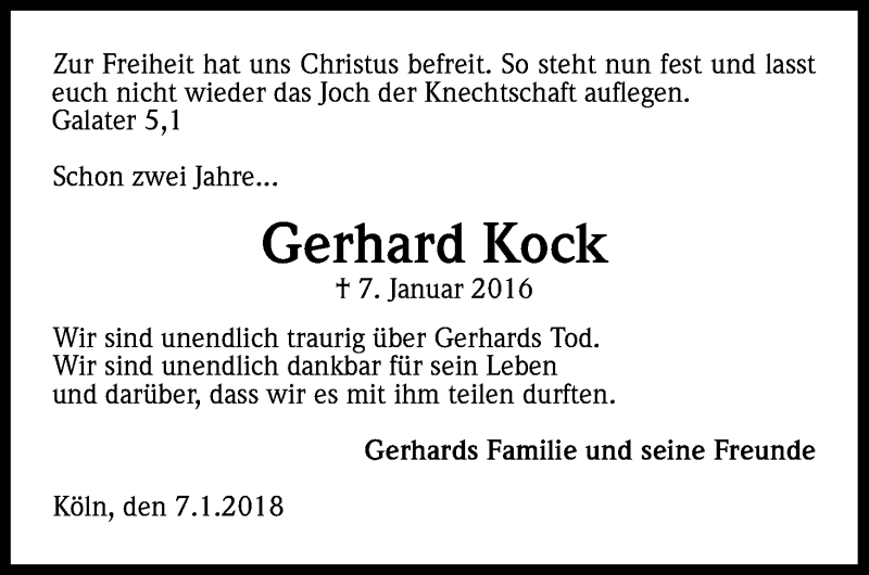  Traueranzeige für Gerhard  Kock vom 06.01.2018 aus Kölner Stadt-Anzeiger / Kölnische Rundschau / Express