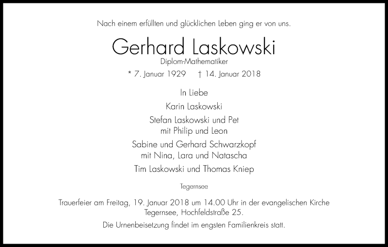  Traueranzeige für Gerhard Laskowski vom 17.01.2018 aus Kölner Stadt-Anzeiger / Kölnische Rundschau / Express