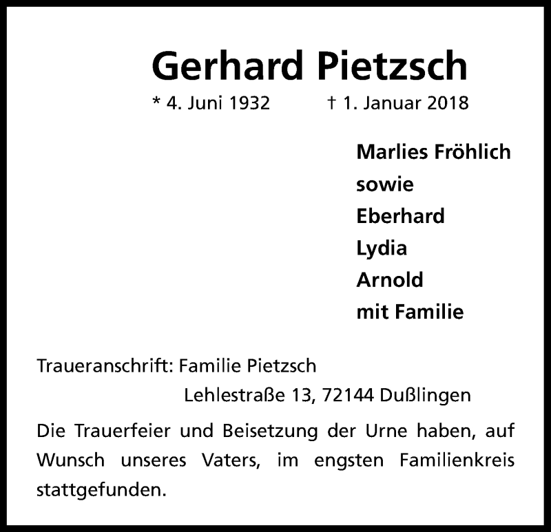  Traueranzeige für Gerhard Pietzsch vom 20.01.2018 aus Kölner Stadt-Anzeiger / Kölnische Rundschau / Express