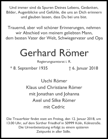 Anzeige von Gerhard Römer von Kölner Stadt-Anzeiger / Kölnische Rundschau / Express