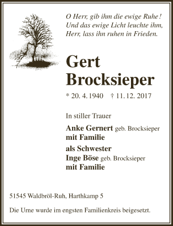 Anzeige von Gert Brocksieper von  Lokalanzeiger 