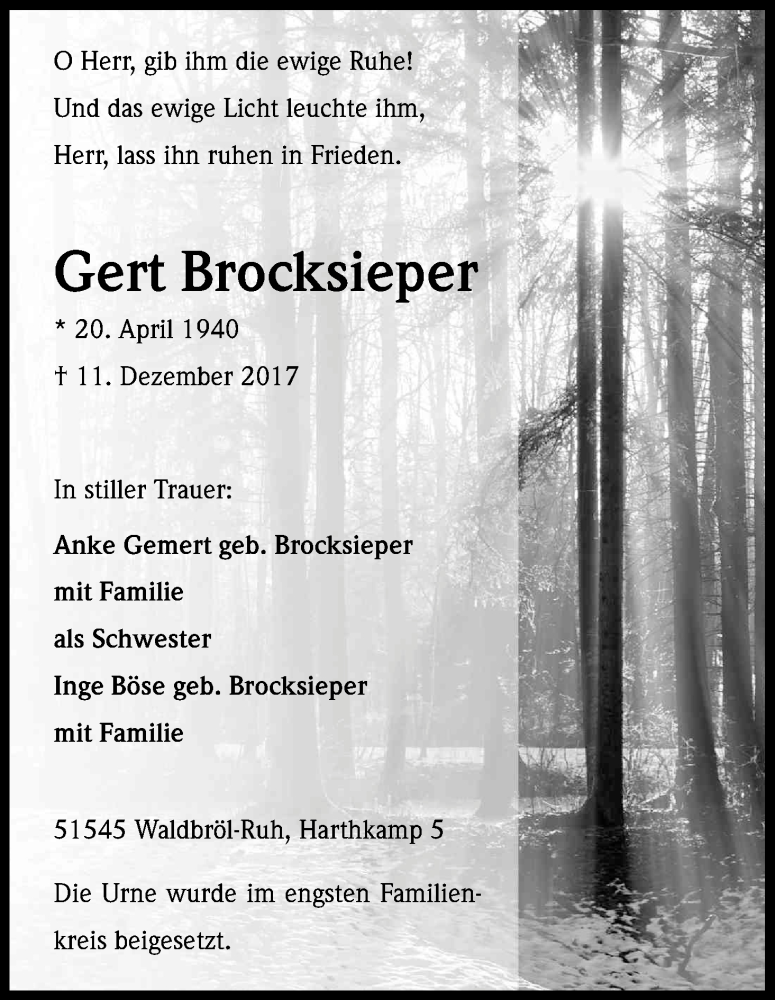  Traueranzeige für Gert Brocksieper vom 06.01.2018 aus Kölner Stadt-Anzeiger / Kölnische Rundschau / Express